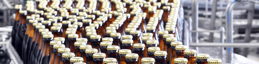 Bottles of beer being mass produced in factory